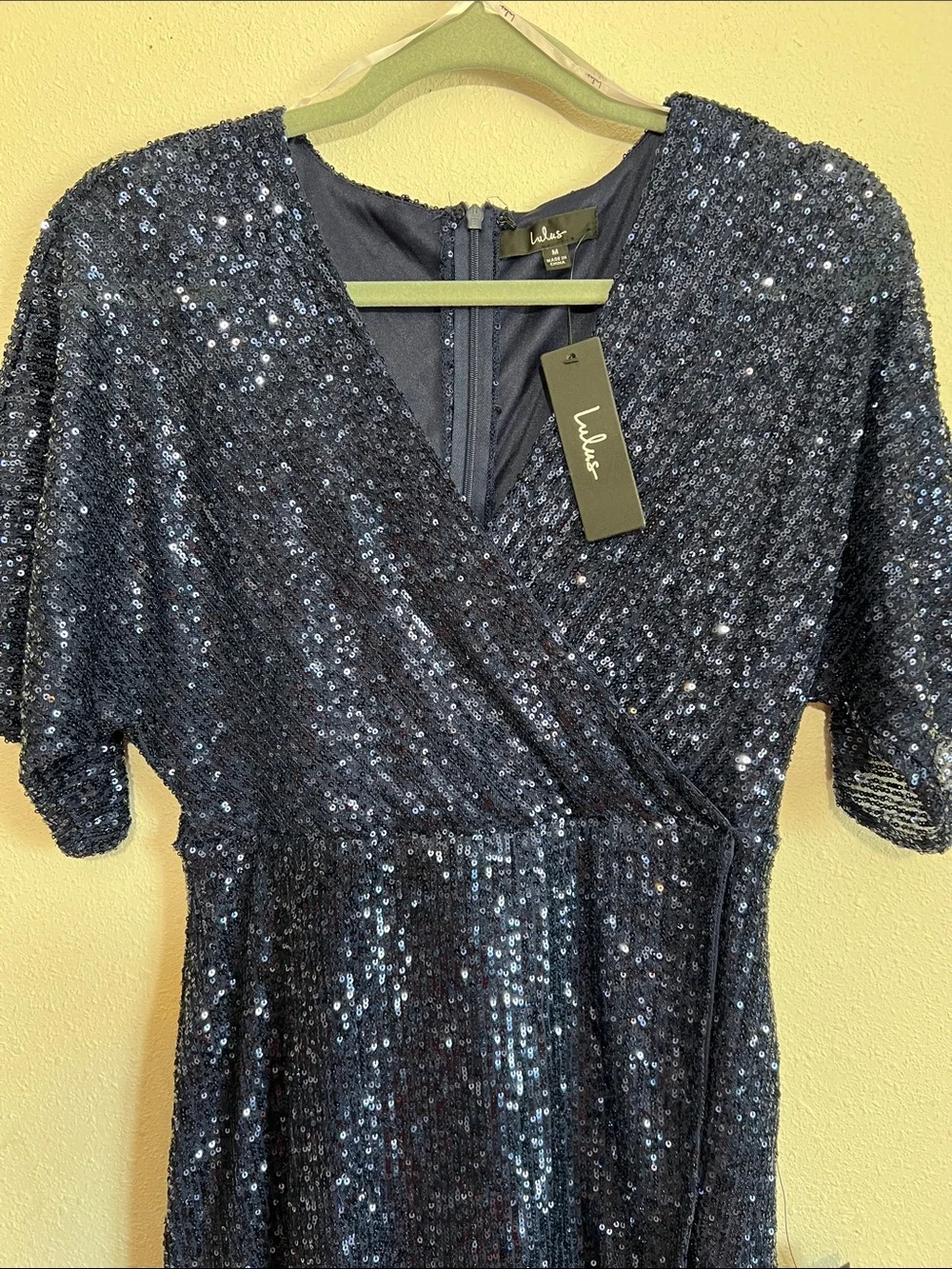 Lulus Weekender Navy Sequin V-Neck Faux Wrap Mini Dress Size Medium